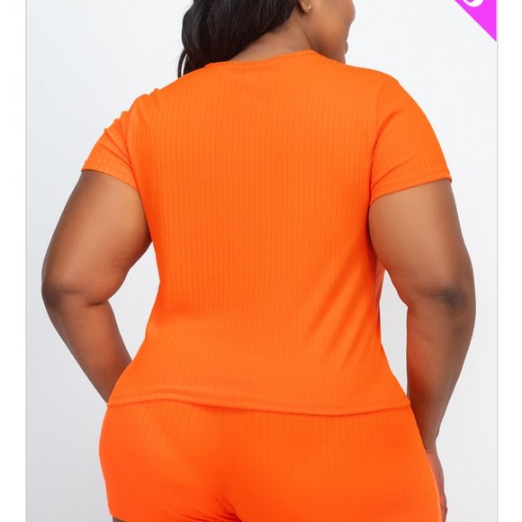 Plus Size Ribbed Lounge Set Women’s 2 Piece Top & Shorts Orange Pink 1X 2X 3X - Picture 5 of 8